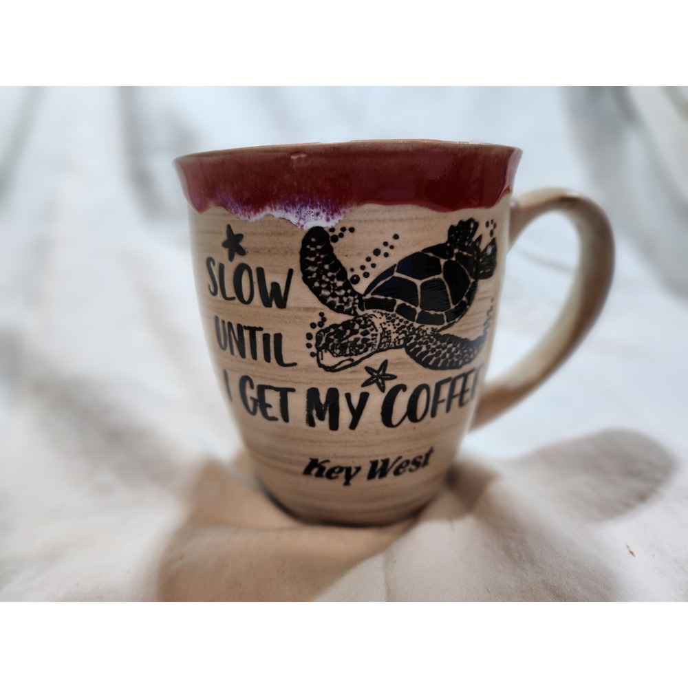 Key West, "Slow Until I Get Coffee My Mug" Turtle Starfish Funny-Tan W/Burgundy